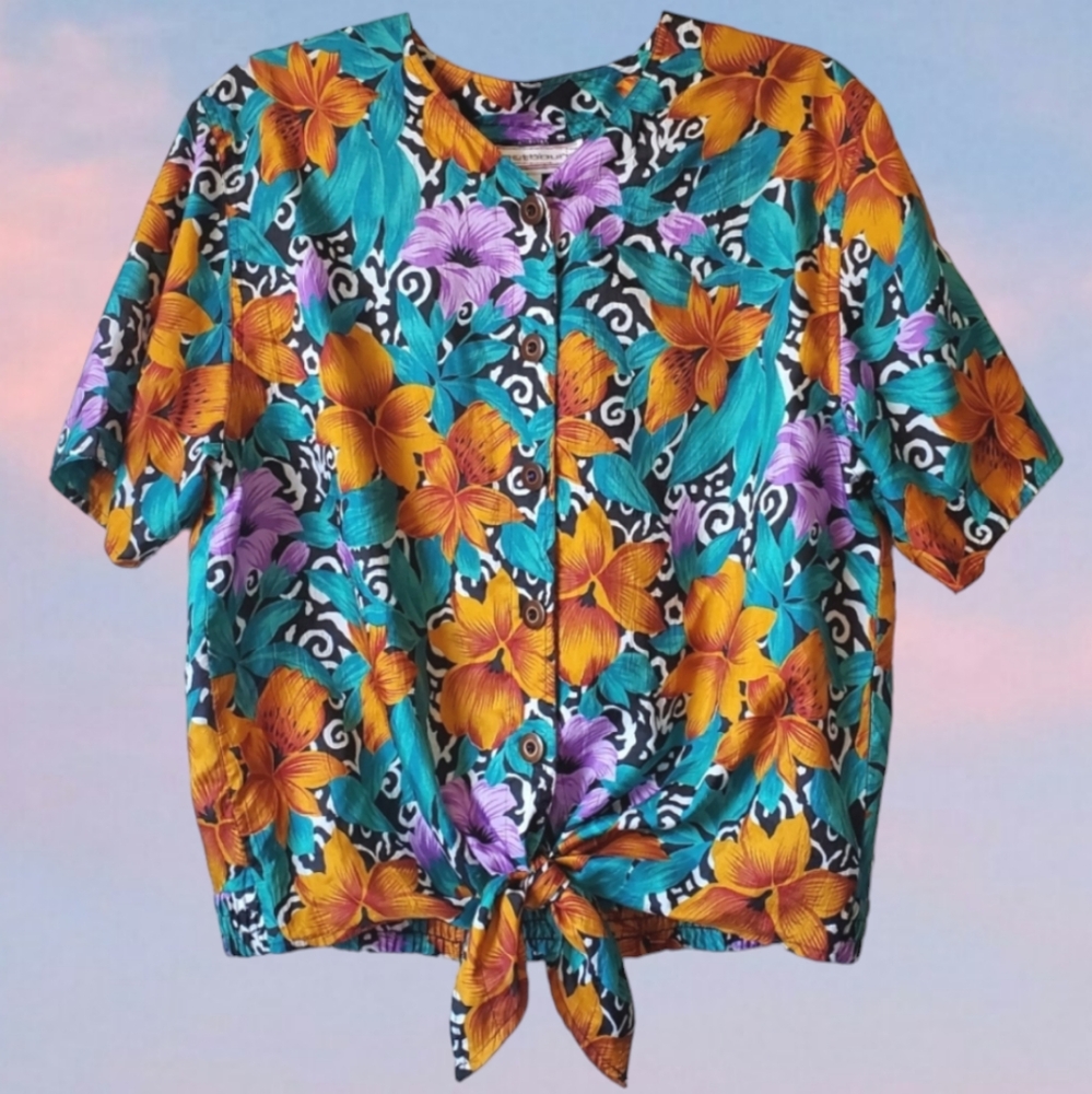 90's Floral Tie Button-down Top